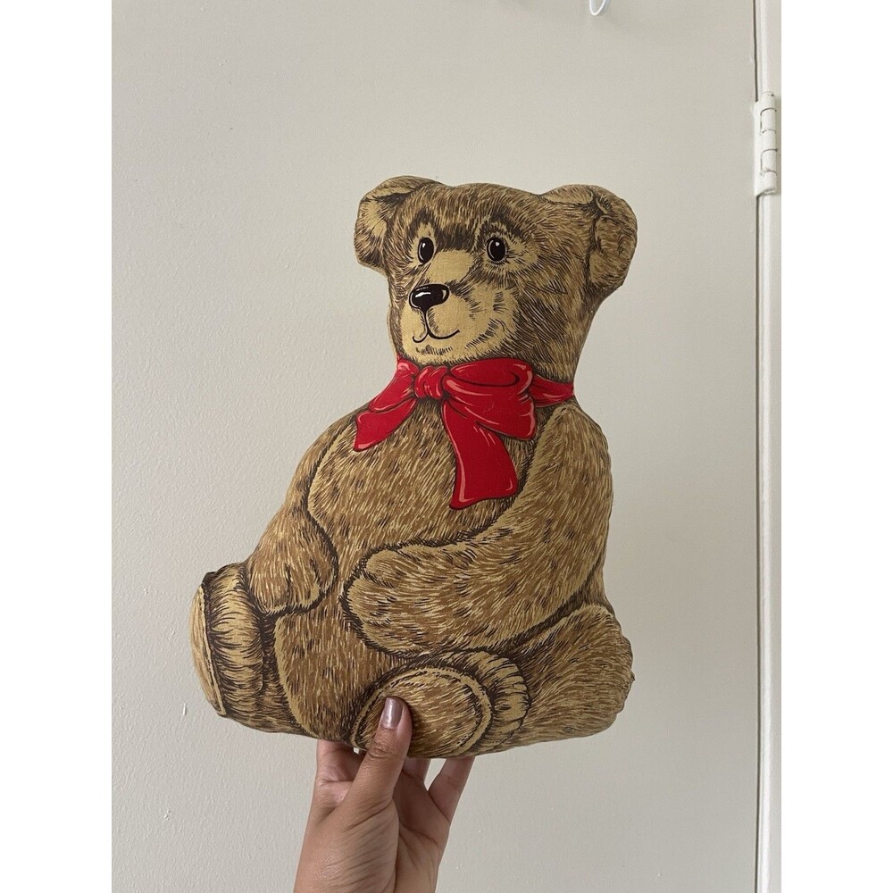 Vintage Teddy Bear Throw Pillow With Red Bow 12”